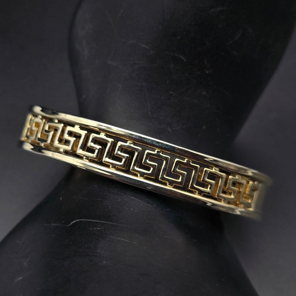 Gold Tone Greek Key Bangle Bracelet Hinged Clamper Vintage 1990s